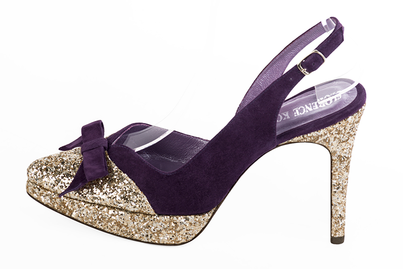 Gold and amethyst purple women's open back shoes, with a knot. Tapered toe. Very high slim heel with a platform at the front. Profile view - Florence KOOIJMAN